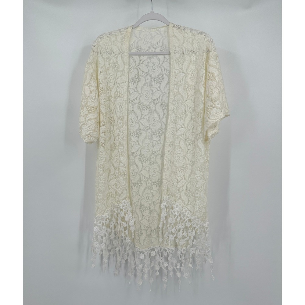 Womens Boho Crochet Open Front Cardigan Size M Shabby Chic Festival Floral Lace